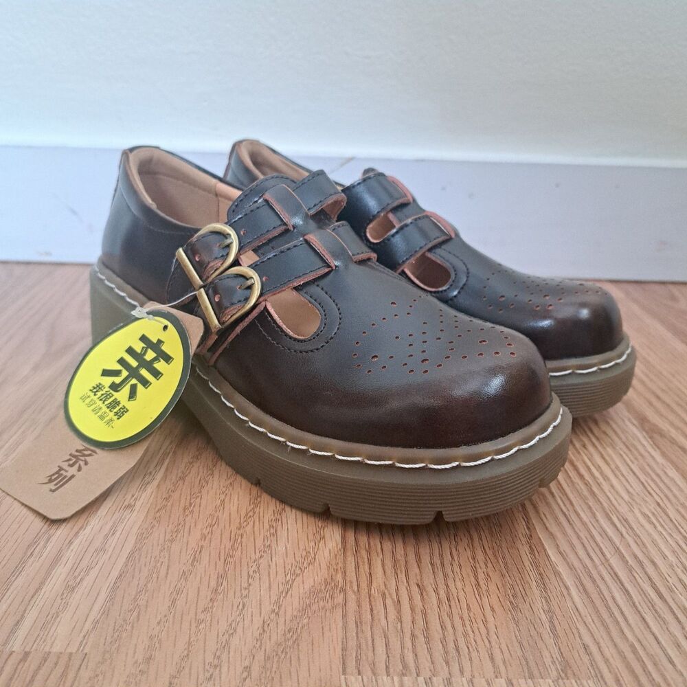 MZDL Meizudongli Mary Jane Women Shoes Brown Platform Double Buckle Size 8.5/255